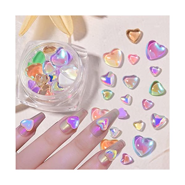 Holographic 3D Heart Nail Art Charms for Valentine's Day 20 Pcs,Colorful Macarons Candy Heart Shaped Mixed Size Laser Nail Rhinestones Nail Decals Craft DIY Accessory