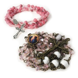 Assumption of the Virgin Mary Pink Crystal and White Howlite Stone Rosary Beads Catholic for Women and Rosary Bracelet for Women Set - Crystal Pink Rosary & Miraculous Medal Bracelet - Catholic Rosary - Rosarios Catolicos Para Mujer - Catholic Gifts Wome