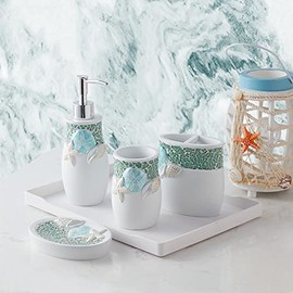Sweet Home Collection Bathroom Accessories Unique Collections Modern Classic Contemporary Decorative Beautiful Designs Bath Shower Tub Décor, 4 Piece Set, Seascape (Pack of 1)