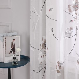 Delien Curtains with Ruffle Tape, Burnout Curtain, Transparent Modern Window Curtains with Floral Pattern, Living Room, Panel Curtains, Decorative Curtains, Pack of 1, White, W x H 140 x 145 cm