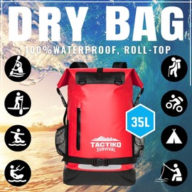 TACTIKO 35L Heavy-Duty 100% Waterproof Backpack with Carabiner - Marine Roll Top Floating Dry Bags for Kayaking, Hiking, Watersports, Camping, Survival (Red)