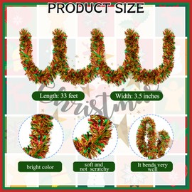 Gloreyan 33FT Christmas Tinsel Garland Multicolor Metallic Tinsel Twist Garland Glitter Foil Garland Hanging Decoration for Xmas Tree Decoration Wedding Party Supplies (Red Green Golden)