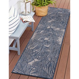 Rugshop Contemporary Palm Leaf Textured Flat Weave Easy Cleaning Outdoor Rugs for Deck,Patio,Backyard Indoor/Outdoor Runner Rug 2' x 7' Blue