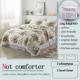 FADFAY Floral Duvet Cover Set King/Cal King（102×96 inches） 100% Cotton Ruffle Vintage Rose Comforter Cover Set, Red Teal Flower Printed Off White Girls Shabby Bed Covers,Soft and Breathable, 3Pcs