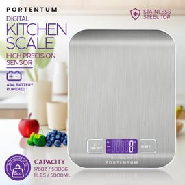 PORTENTUM Küchenwaage digital 5kg. mit großem LCD-Display, Digitalwaage, Briefwaage mit Großer Edelstahl Wiegefläche, Flüssigkeitsmessung, hohe Präzision auf bis zu 1g, Tara-Funktion, Silber