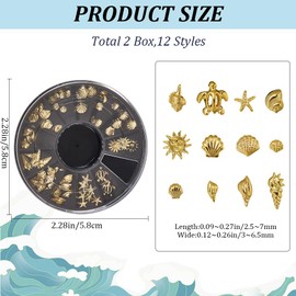 CRASPIRE 2 Boxes Ocean Nail Art Set 3D Charms 12 Styles Metal Alloy Gold Nail Charms Design Studs Gems Kit Summer Sea Turtles Marine Starfish Seashell Conch for Women DIY Craft Jewelry Decor Supplies