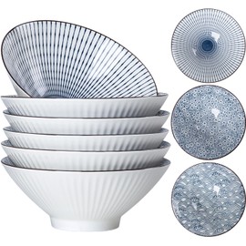 Zscera 38 oz Japanese Ramen Bowl Set of 6, 8-Inch Ceramic Large Soup Bowls, Blue and White Large Pho Bowls - 3 Mixing Patterns