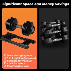52LB Adjustable Dumbbells, 5 Weight Options Dumbbell with Anti-Slip Metal Handle for Exercise & Fitness Fast Adjust Weight for Full Body Workout Fitness