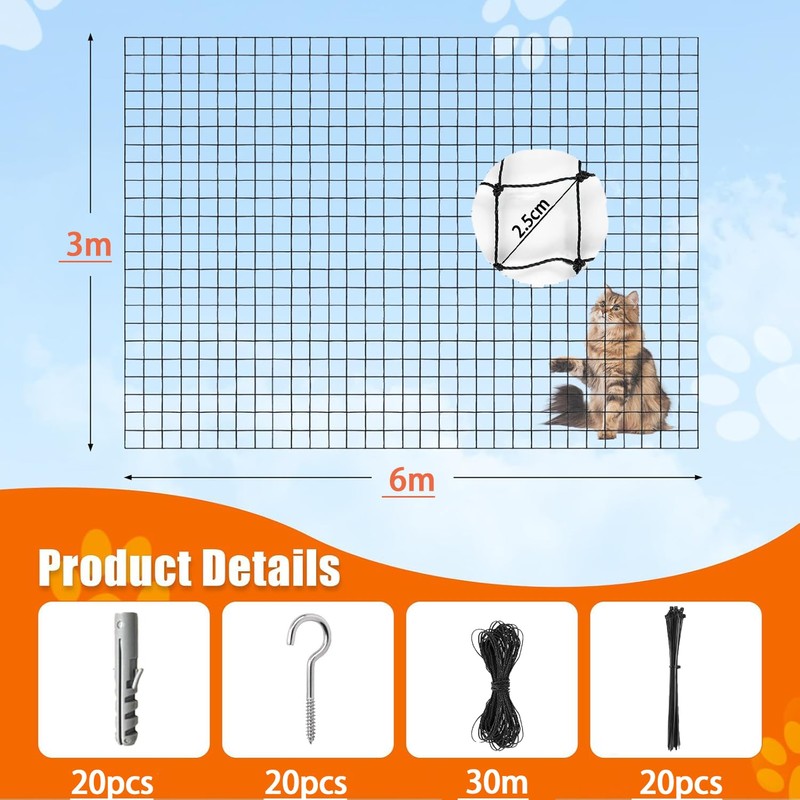 Caiyloxn Cat Net for Balcony, 6 x 3 m, Cat