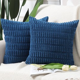 MADIZZ Pack of 2 Boho Striped Corduroy Throw Pillow Covers 24x24 Inch Blue Soft Decorative Cushion Cover for Sofa Bedroom Pillow Shell