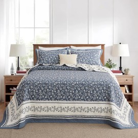 QuiltEase Oversized King Bedspread - 120" Lx120 W Extra Wide - 100% Cotton Lightweight Vine Botanical California Quilt Sets - Reversible Super Bed Coverlet Set - Grayish-Blue