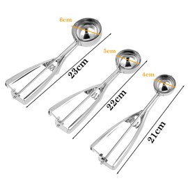 Stainless Steel Ice Cream Scoop - 3-in-1 Ice Cream Spoon Scoop Set 4 cm / 5 cm / 6 cm - Ice Cream Scoop - Suitable for Preparing Ice Cream Cups, Ice Cream Cones, Fruits