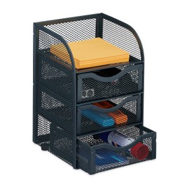Relaxdays Desk Organiser, 4 Compartments, Mesh Design, H x W x D: 21 x 12.5 x 13 cm, Utensil Box with Drawers, Anthracite