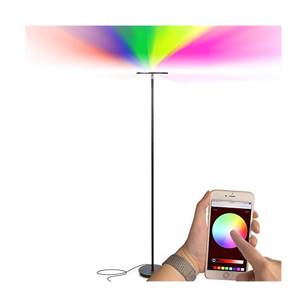 Brightech Sky Colors - WiFi Color Changing Torchiere LED Floor Lamp - Smart Floor Lamp: Remote Control via iOS & Android App - Energy Saving and Cost Effective - Adjustable Head - Black