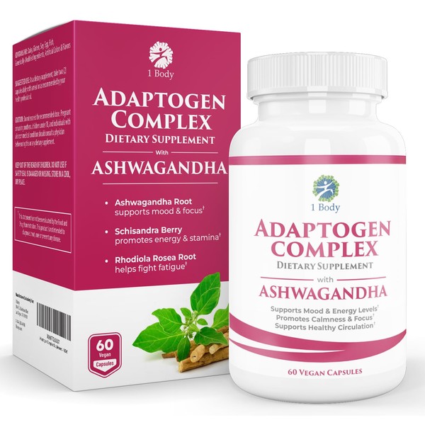 1 Body Adaptogen Complex Supplement with Ashwagandha - Mood, Focus and Energy Support Supplement for Men and Women - 60 Vegan Capsules