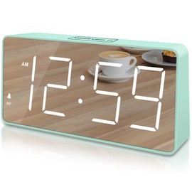 Peakeep Digital Clock, Alarm Clock Battery Backup Powered for Bedrooms - Mirror Face Large Numbers 6 Dimmers for Seniors, Super Loud for Heavy Sleepers (Aqua)