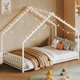 Bellemave Twin Size Montessori Floor Beds with Light, Twin Size House Floor Bed with Headboard and Footboard, Easy Assemble Montessori Bed Frame, White