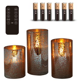 Silver Mercury Crackle Glass Flameless LED Pillar Candles Set of 3 – Warm White Flicker, Remote & Timer, Batteries Included, for Spring Weddings, Home Decor & Romantic Ambiance