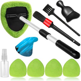 Qydipclin 10pcs Windshield Cleaner Tool, Car Window Cleaning Wash Kit with 4 Reusable Microfiber Pads 1 Spray Bottle and Extendable Handle Auto Glass Wiper Kit, Green
