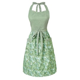 HYVOROS Cute Floral Aprons for Women with Pockets,Cotton Adjustable Neck Strap Apron for Kitchen Cooking Baking Gardening (Light Green, Medium)
