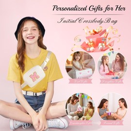 YOOLIFE Gifts for Girls - 5 6 7 8 9 10 11 12 13 14 15 16 Year Old Girls Birthday Gifts for Teen Girls, Preppy Stuff for Teen Girls Teenage Girl Gifts, Initial Crossbody Bag Belt Bag, White P