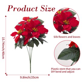 MELAJIA 6 Pack Poinsettias Artificial Christmas Flowers Red 5 Heads 15.7Inch Velvet Poinsettia Floral Bouquet Winter Holiday Indoor Outdoor Xmas Tree Ornament Porch Home Garden Decoration