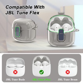POZCIS for JBL Tune Flex Case Cover, Hard PC Clear Shell Protective Earbuds Case, Only Compatible with JBL Tune Flex, Headphones Case with Carabiner Accessories Set（Clear Gray）