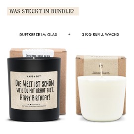 HAPPYSOY Kerze + Refill - Happy Birthday Duftkerze im Glas mit Spruch - Geschenkidee für Frauen - Geschenk für Freundin