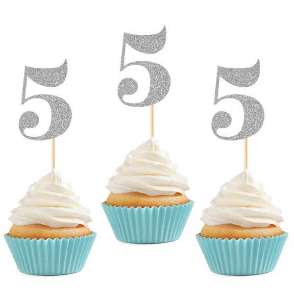 24 piezas de adornos para cupcakes de 5º cumpleaños, número 5, púas de purpurina para tartas de 5º año, aniversario, celebración, quinto cumpleaños, decoración de magdalenas, color plateado
