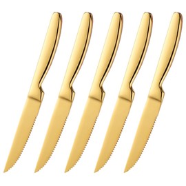 BISDARUN Steak Knife Set, 5 Piece Serrated Heavy Duty Stainless Steel Table Knife, One Piece Handle, Cuts Steak and Chicken, Bread，dishwasher safe Gold