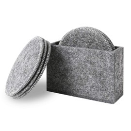 Qyoubi Drink Coasters Set of 6 with Holder - Light Gray Round Water Absorption Felt Mat, Prevent Furniture from Dirty and Scratched, Suitable for Kinds of Mugs and Cups, 10 CM Diameter
