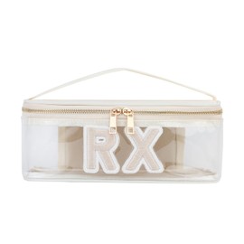 Clear Waterproof MEDS RX Makeup Bag，Transparent PVC Letter Patch medication travel case with Handle and Zipper, Portable Meds First Aid Travel Organizer Cosmetic Bag(04 Beige RX)