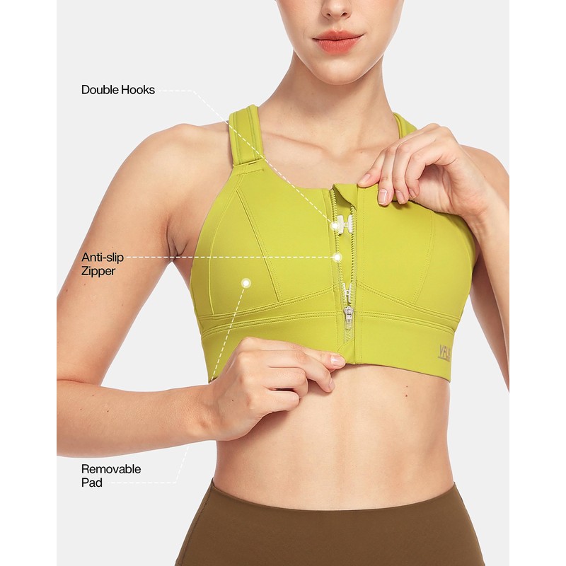 VFUS Sports Bras Adjustable Zip Front High Impact for Women