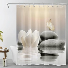EOBTAIN Zen Water Lily Shower Curtain for Bathroom Flower and Butterfly Landed on Grey Stone on The Water Surface Shower Curtain with 10 Hooks Nature Landscape Bathroom Curtains Shower Set 72x60 Inch