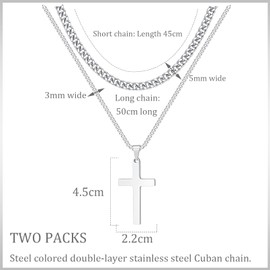RoseJeopal 2PCS Stainless Steel Cross Necklace, Silver Sturdy Cuban Crucifx Necklace for Men, Cross Pendant Chain with Gift Box