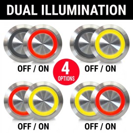 AutoLöc Power Accessories 19mm Billet 12V Momentary Push Button Switch Red and/or Yellow LED Illuminated