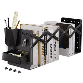 ALIOBC Bookend, Telescopic Type, Prevents Falling, Pen Holder, Hook, Storage Box Included, Multifunctional, Metal, Bookshelf, Tabletop, Divider, Bookstand, Magazine, Documents, Newspapers, Office