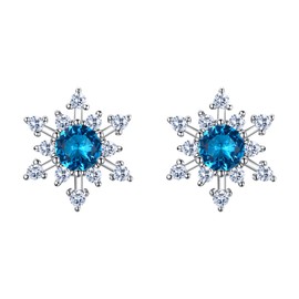 BriLove 925 Sterling Silver Cubic Zirconia Winter Floral Shining Snowflake Stud Earrings for Women Navy Blue