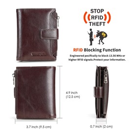 CHANPINCL mens buckle, zipper, leather wallet, detachable card, large capacity, multi-functional coin pocket (Vegetable tanned leather brown)