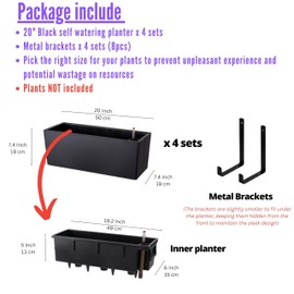 LaLaGreen Wall Hanging Planter Outdoor (20 Inch, 4 Pack) Wall Mounted Self Watering System Window Boxes with Bracket, Black Rectangular Plant Pot Flower Box Container Indoor Modern Herb Kitchen Decor