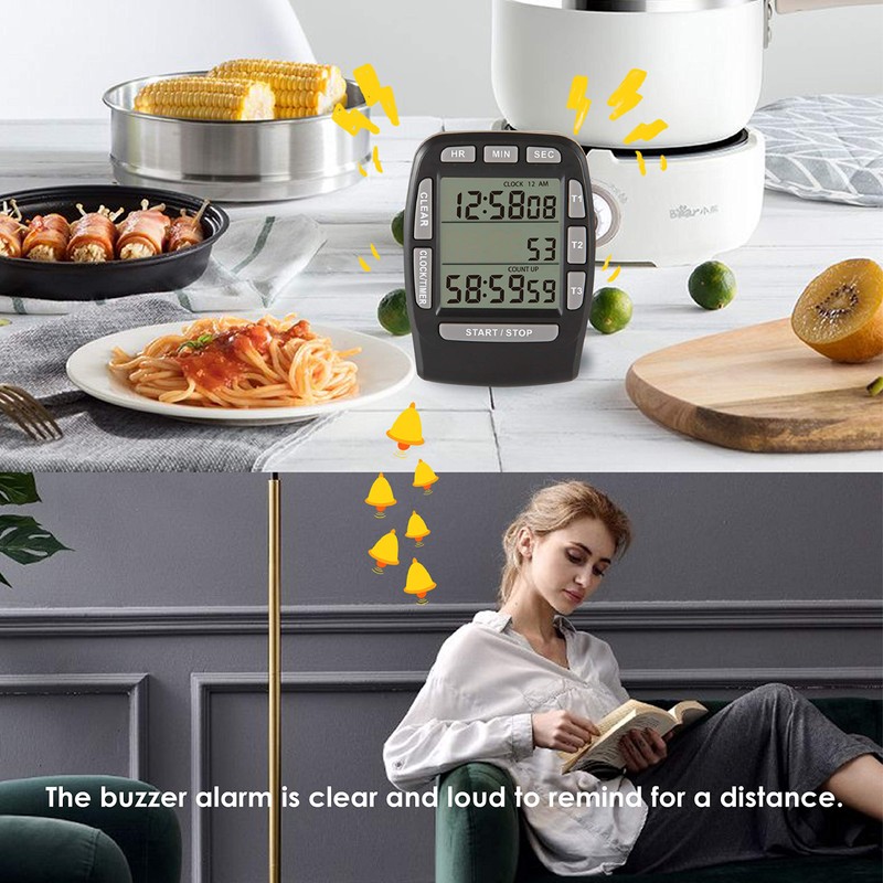 HonorMeet Digital Kitchen Triple Timer,Count-Down & Count-up Tracking,Loud Buzzer Reminder,Battery
