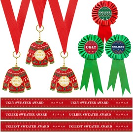 9 Pcs Christmas Ugly Sweater Medals Award Sweater Sash Award Ribbons Set Contest Medals Ugly Sweater Award Sash Small Badges Kit for Ugly Sweater Contest Christmas Tree