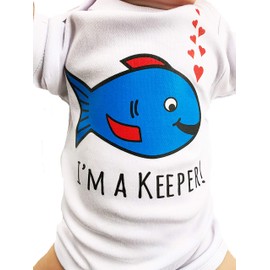 I'm a Keeper - Fish Themed Baby Clothes, Newborn Fishing Buddy, Fisherman's Baby, Ocean Nursery, Gender Neutral Baby Clothing (3-6 Months, Short Sleeves, White)