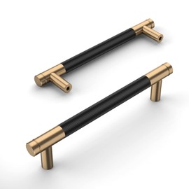 Amerdeco Pack of 5 Matt Black Gold Cabinet Handles 128 mm Hole Spacing, Aluminium Handles for Kitchen Cabinets & Furniture Handles for Drawers