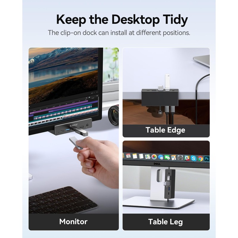 ORICO Clip Docking Station, 8-in-1 Clamp USB C Hub with