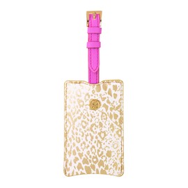 Lilly Pulitzer Leatherette Luggage Tag with Secure Strap, Colorful Suitcase Identifier for Travel, Pattern Play (Gold)