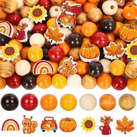 Whaline 245Pcs Fall Wooden Beads Rustic Farmhouse Craft Beads Autumn Maple Leaves Pumpkins Flower Shape Spacer Beads Natural Round Beads for Thanksgiving DIY Craft Making Bracelet Necklace Decor