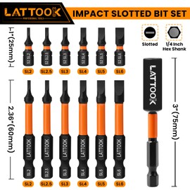 13-Pieces Impact Slotted Bit Set, LATTOOK 1/4'' Hex Shank Slotted Screwdriver Bit Set Flat Head Bits, Magnetic S2 Steel, 2.3'' & 1'' Long, SL2, SL2.5, SL3, SL4, SL5, SL6