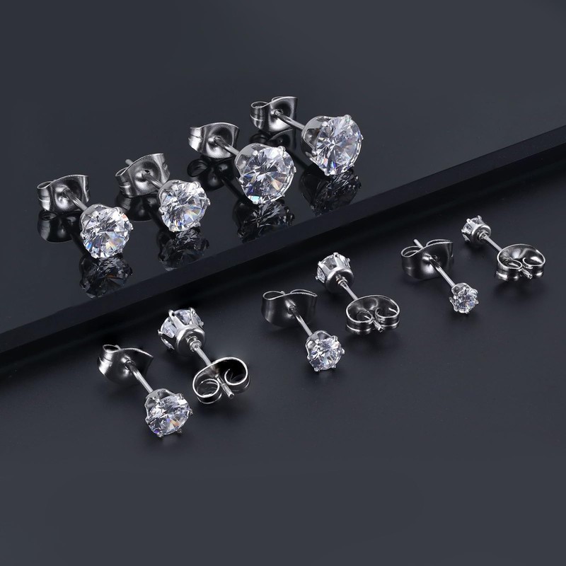 6Pcs Stud Earrings Set Hypoallergenic Cubic Zirconia Stud Flat Back