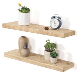 Dreamland Floating Shelves, 7.5 Inch Deep Rustic Solid Reclaimed Wood Wall Shelves for Storage, Wall Mounted Display Shelving with Invisible Heavy-Duty Metal Bracket, 24 Inch Width Set of 2, Natural